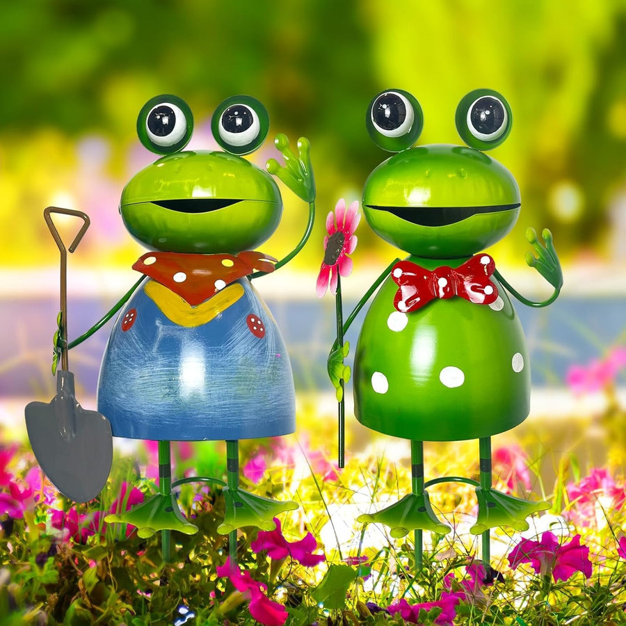 Metal Frog Garden Ornaments 3D Outdoor Yard Decor Cute Spring Figurine Set 2pcs