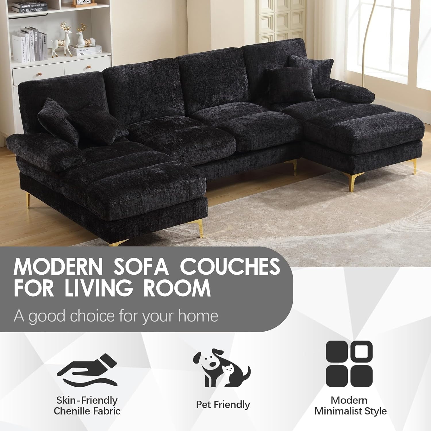4 Seater U-Shaped Sofa Black Chenille Sectional with 2 Chaise Lounges