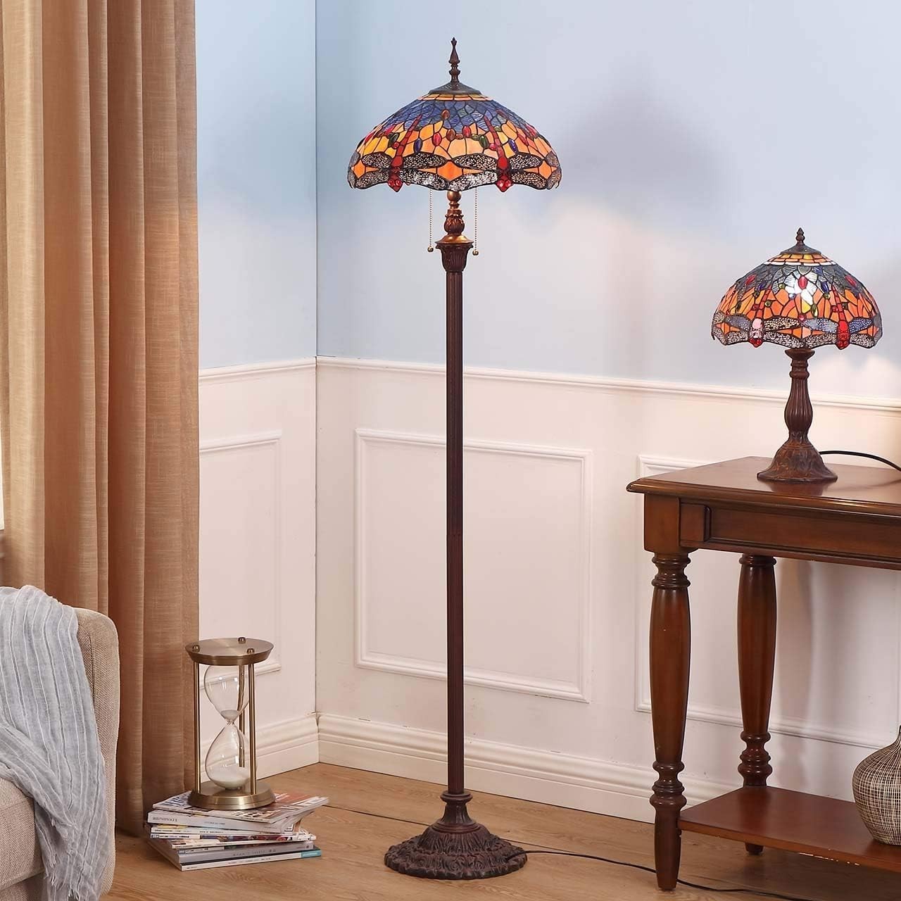 Tiffany Style Dragonfly Stained Glass Floor Lamp | 65” Tall | 16” Shade | Metal