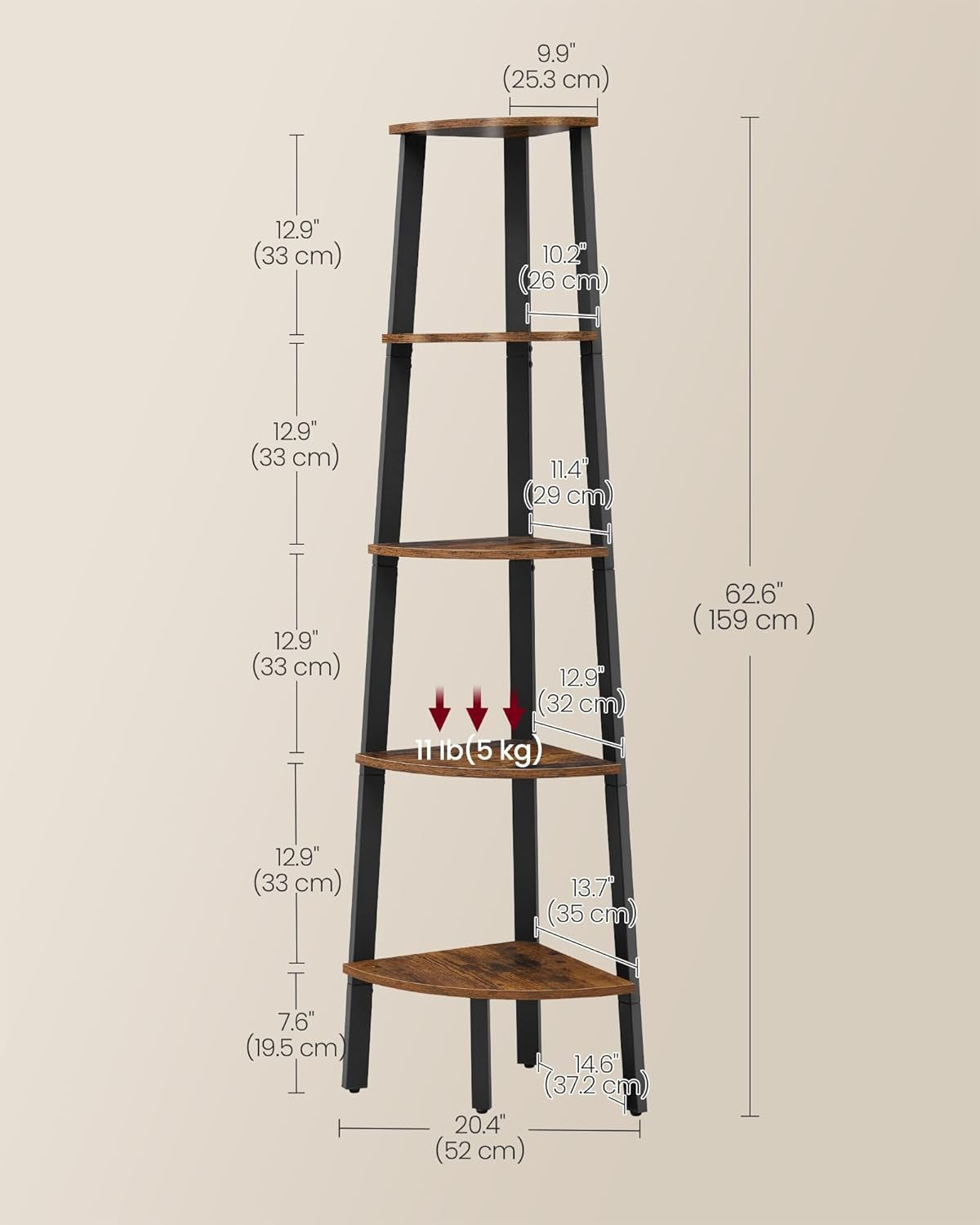 5-Tier Industrial Corner Shelf Unit Rustic Brown & Black Space-Saving Ladder