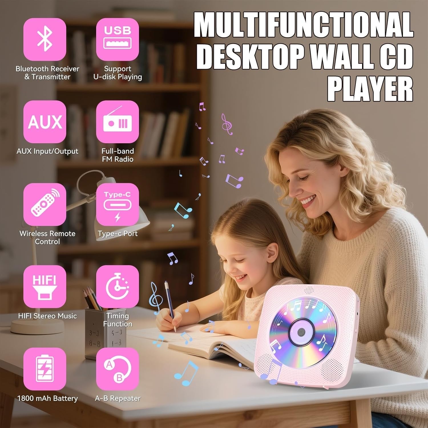 Desktop CD Player Bluetooth Speakers FM Radio USB AUX Remote Pink