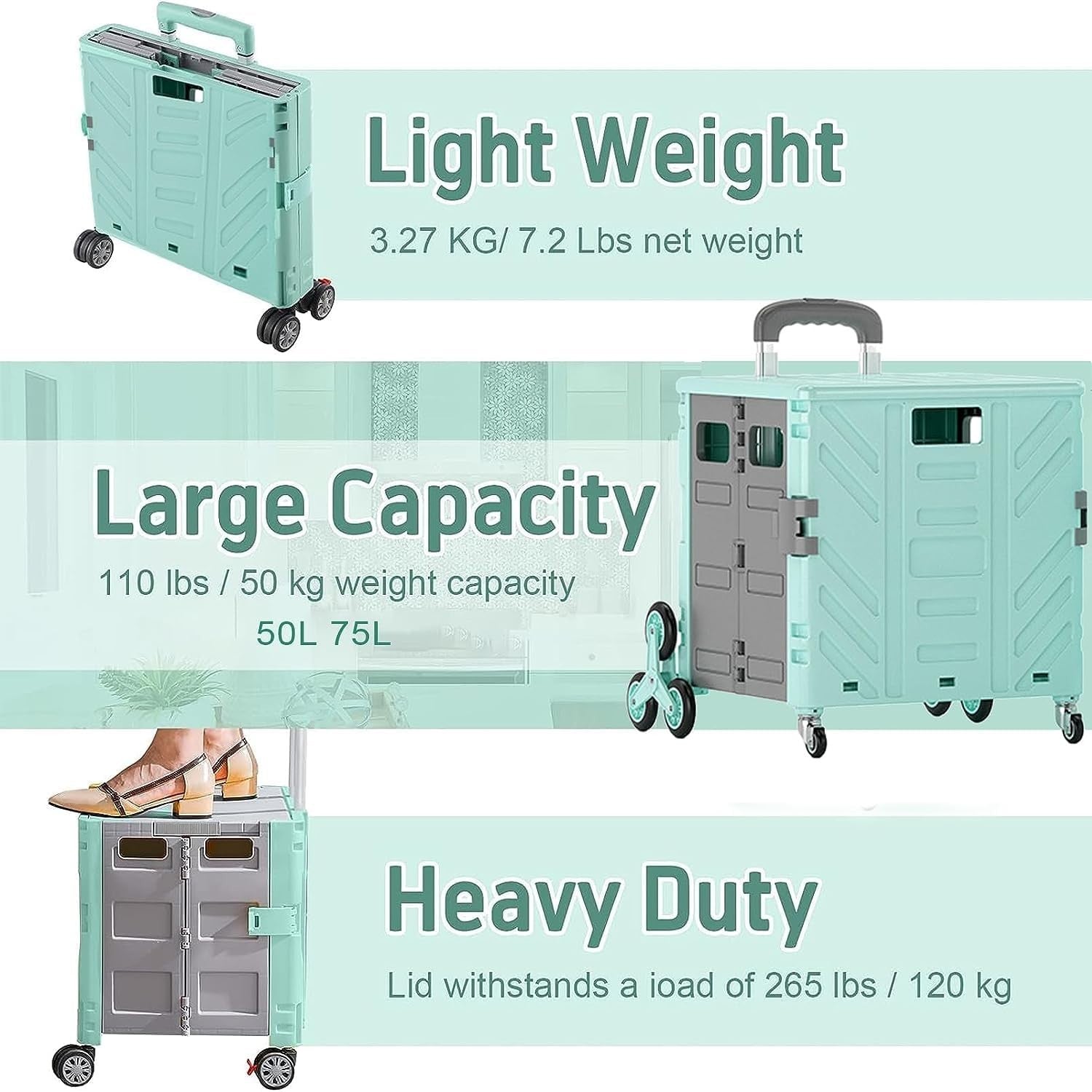 Foldable 50KG Grocery Cart w/ Lid 360° Wheels Stair Climber Lightweight Trolley