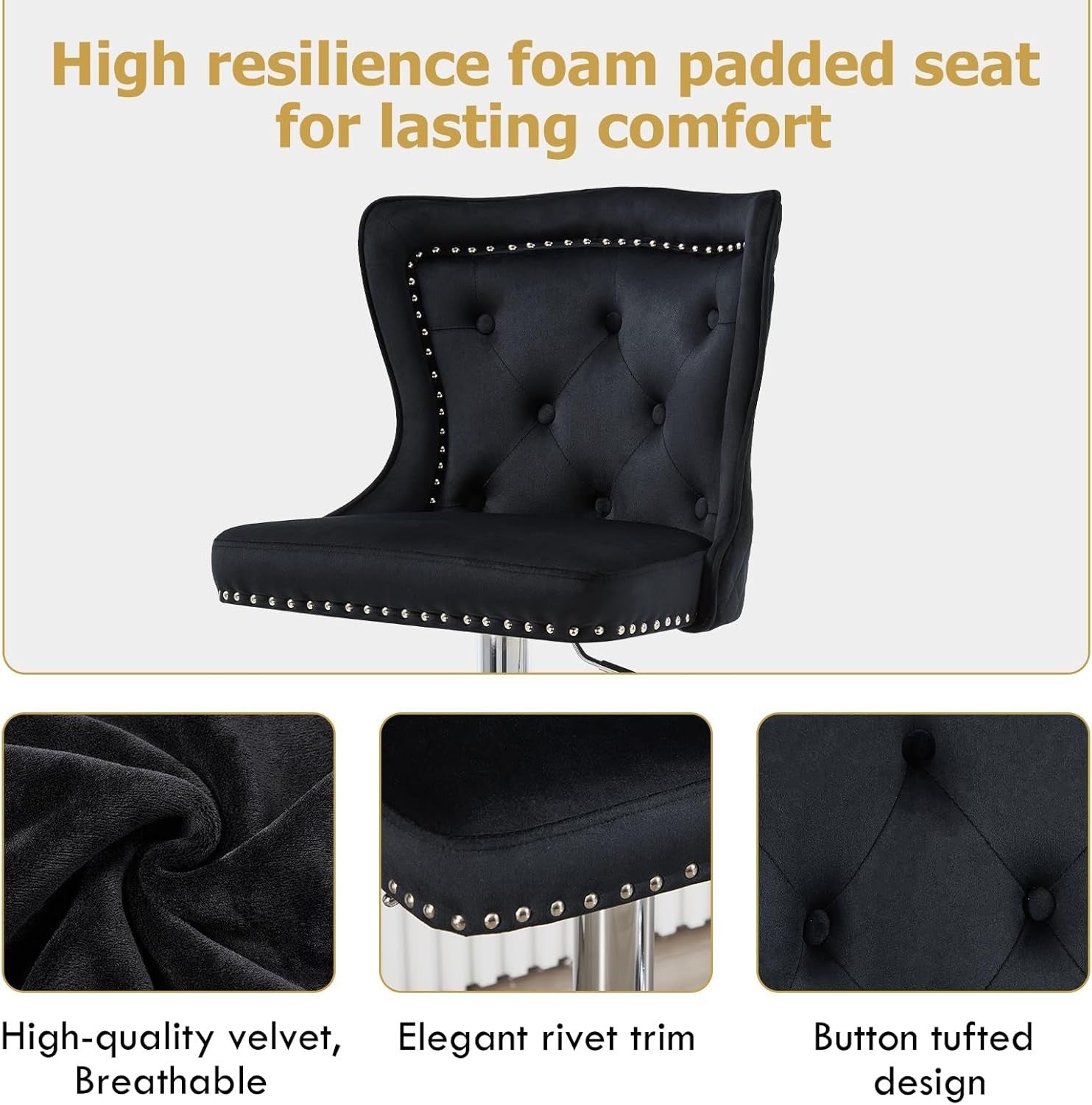 2 Black Velvet Lion Knocker Bar Stools Adjustable 360° Swivel Kitchen Chairs