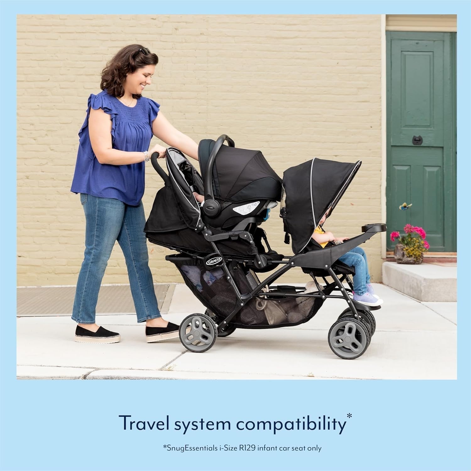 Tandem Double Pushchair from Birth, One-Hand Fold, Recline Seats, Black