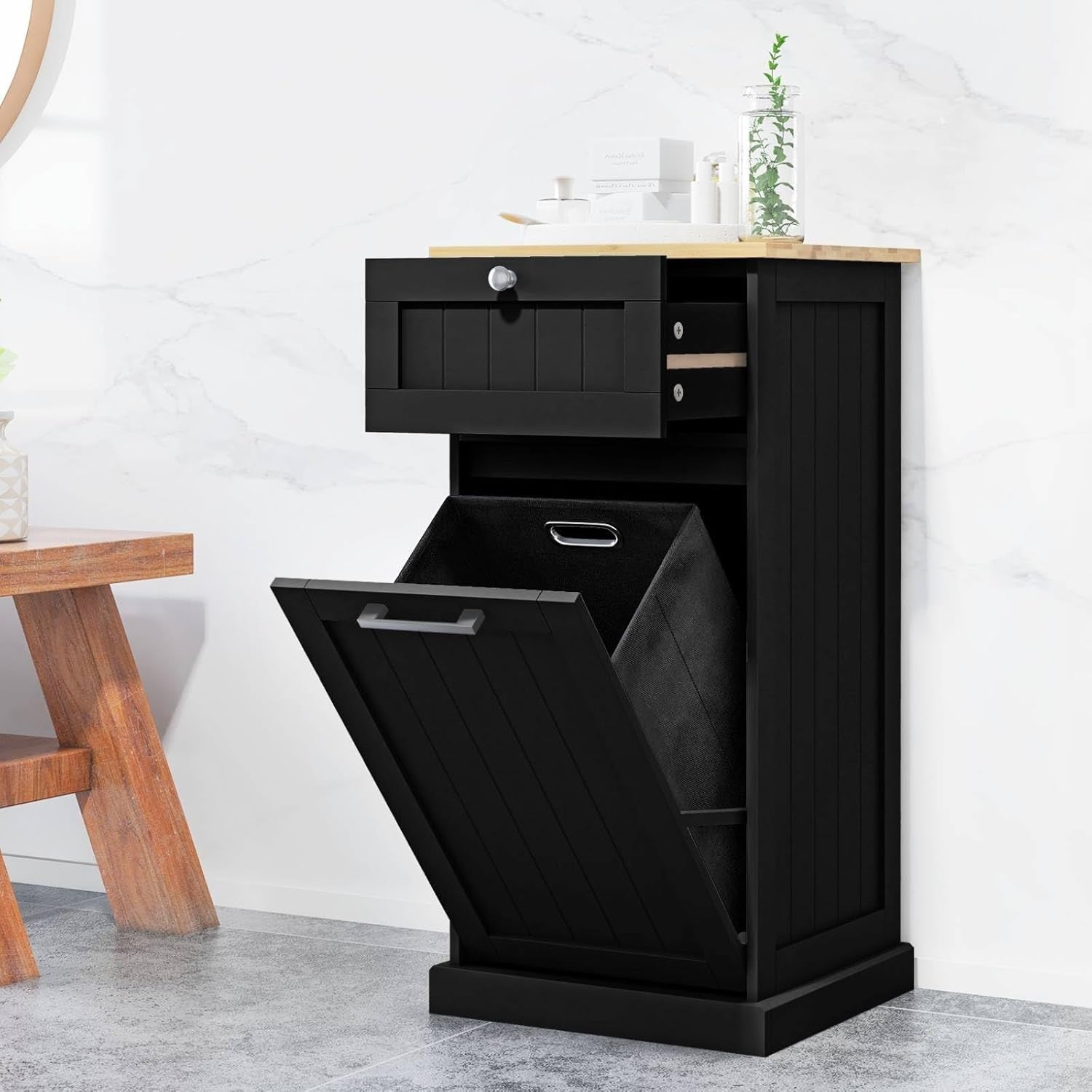 Black Tilt-Out Laundry Hamper Cabinet with Drawer 30L Basket Bathroom Unit