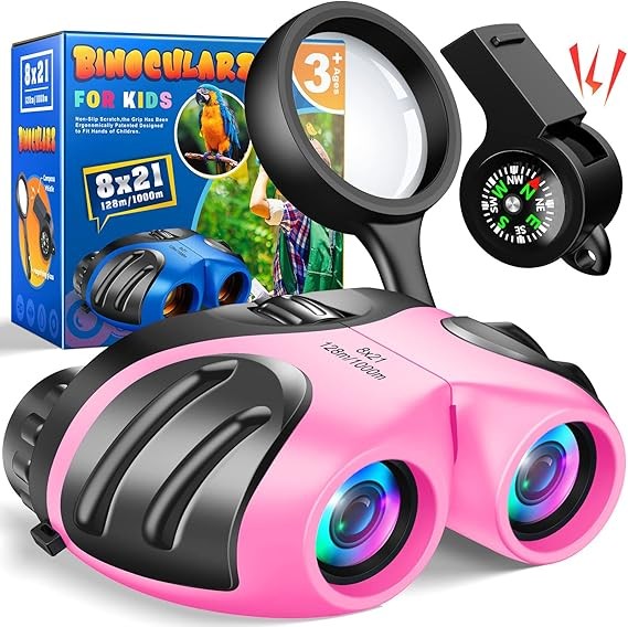 Kids 8x21 Waterproof Binoculars with Compass & Whistle Outdoor Explorer Pink