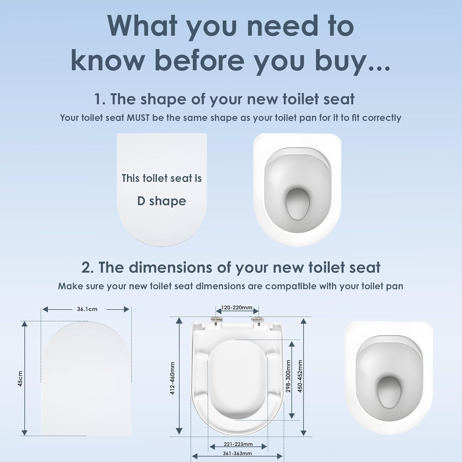 White D-Shaped Toilet Seat Thermoplastic Quick Release Top & Bottom Fix 45x36cm