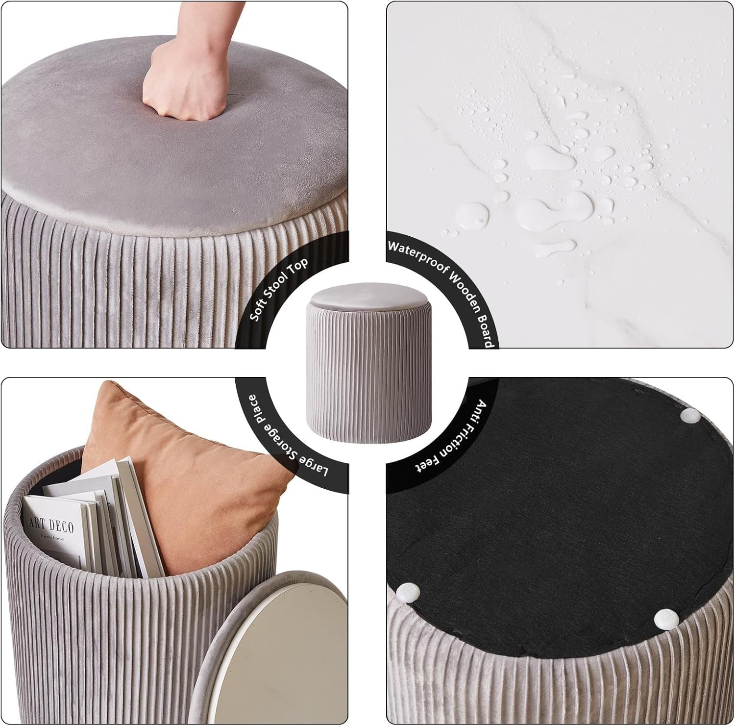 Set of 2 Round Storage Ottomans – Velvet Pouffe Stool Set for Bedroom & Living