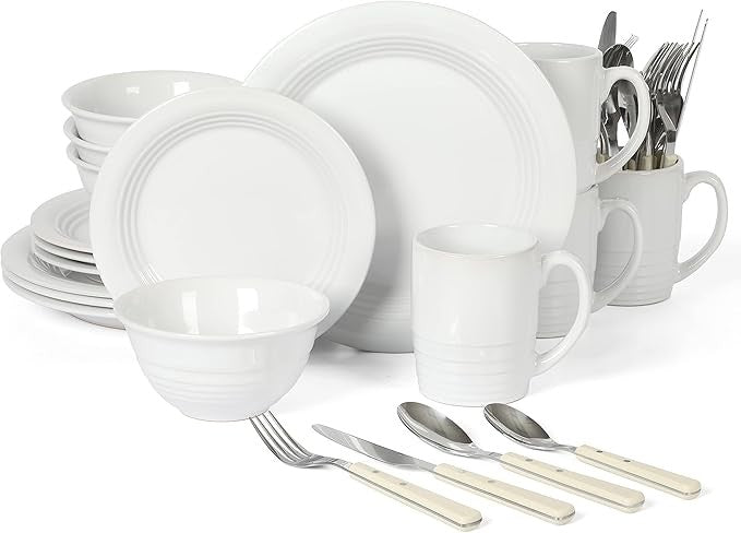 32pc Stoneware Dinnerware & Cutlery Set Service for 4 Linen White Plates