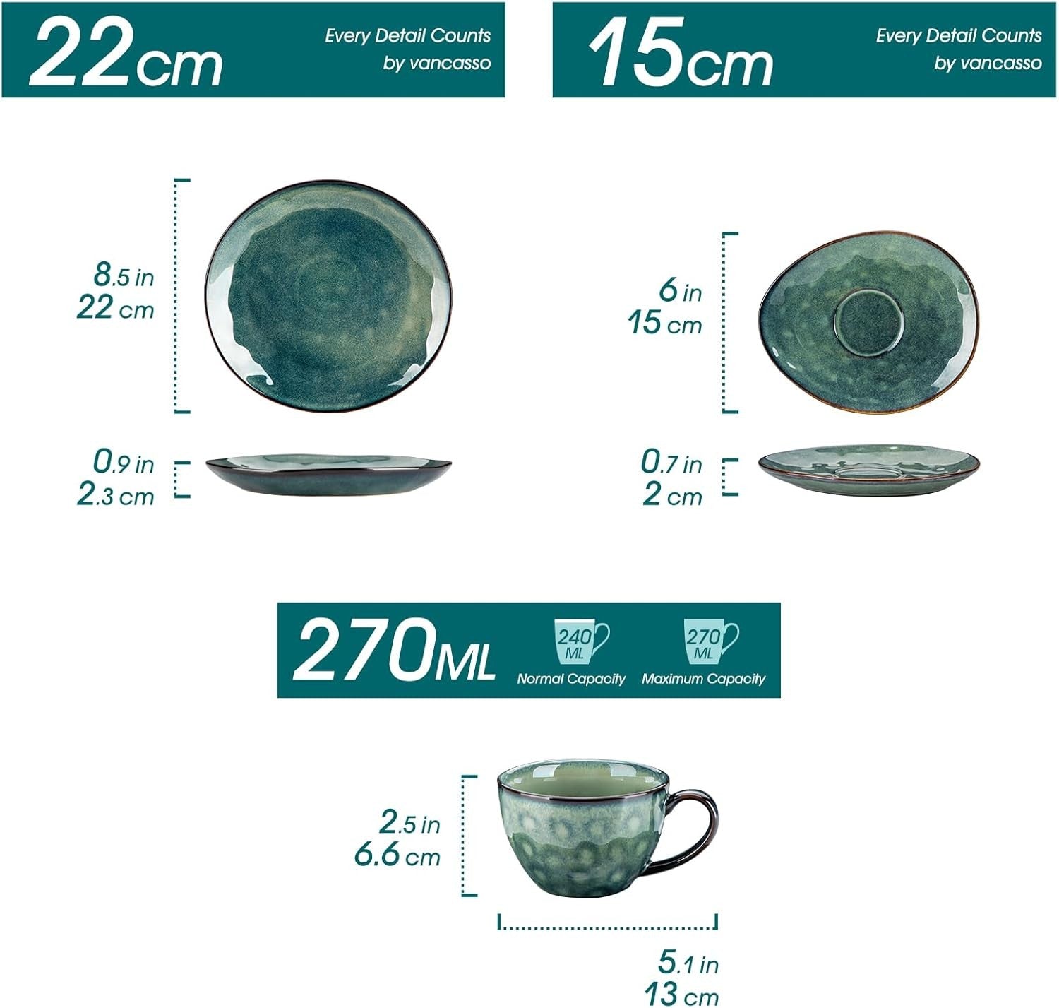 12pc Ceramic Tea Cup Saucer & Dessert Plate Set 270ml Green