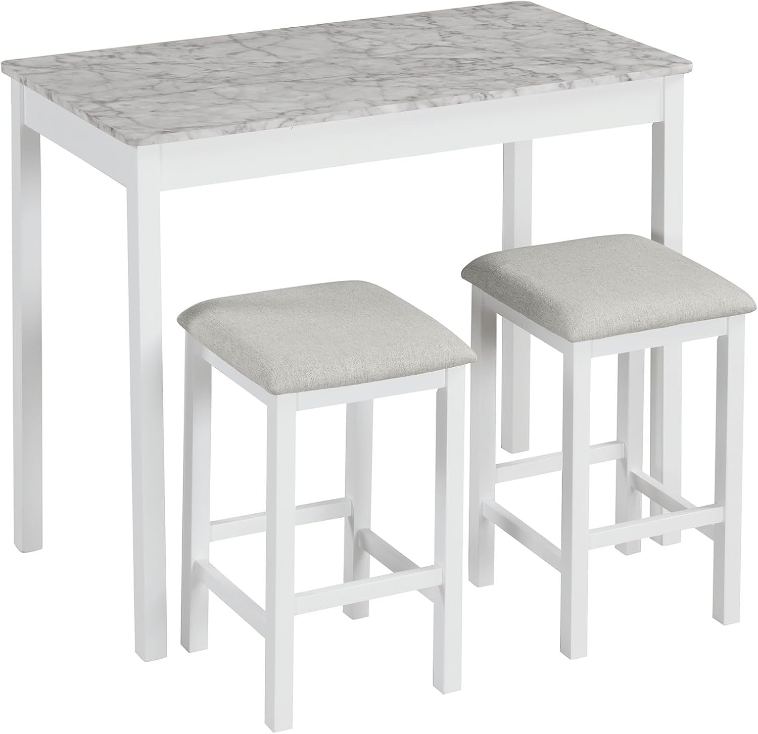 Faux Marble Bar Table Set with 2 Stools, Space Saving Breakfast Dining Set