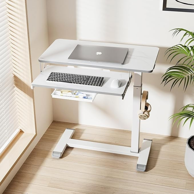 Mobile Workstation Desk with Wheels White Laptop Table Drawer Home Office