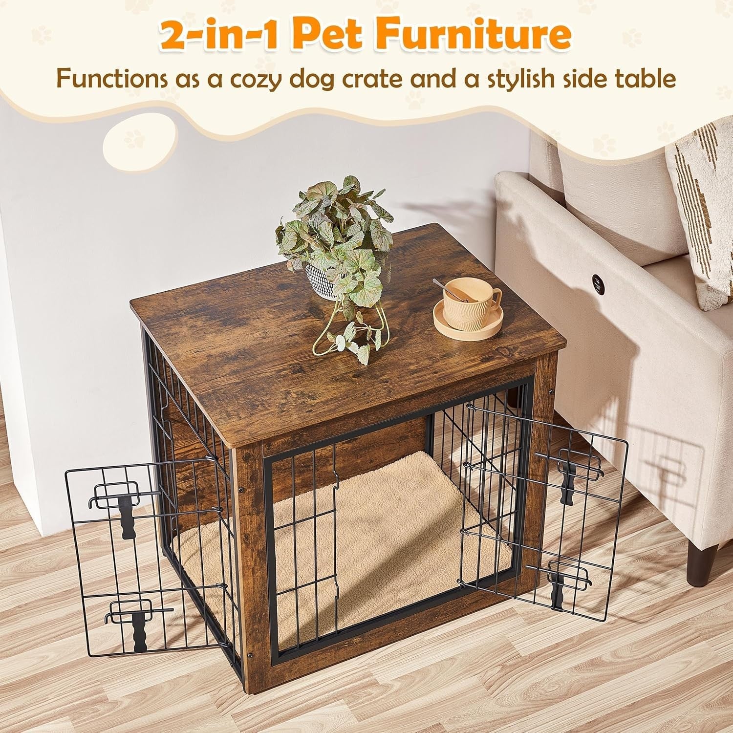 Rustic Brown Small Dog Crate Furniture with Cushion & Double Doors 69x51x61cm
