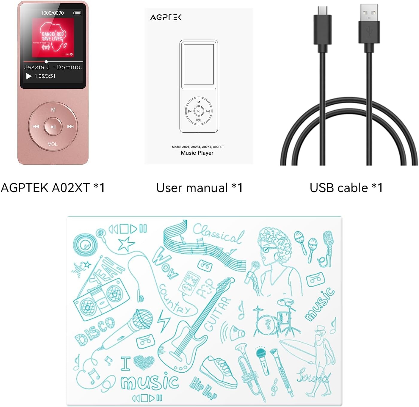 32GB MP3 Player Bluetooth 5.3 1.8" Screen Speaker FM Pink