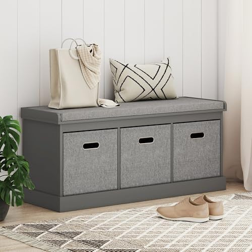 Grey 3-Drawer Shoe Storage Bench with Cushion Seat – Modern 105cm Hallway