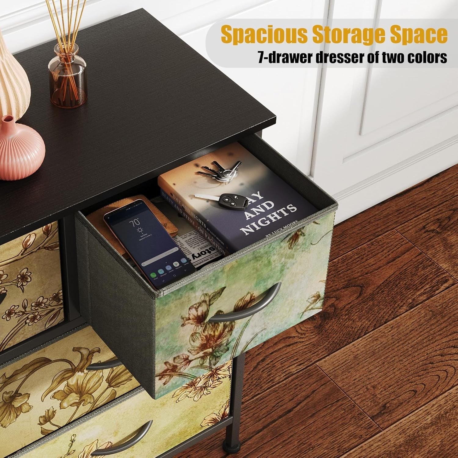 Tall 7 Drawer Fabric Dresser Chest Storage Unit Wood Top Hallway Decor