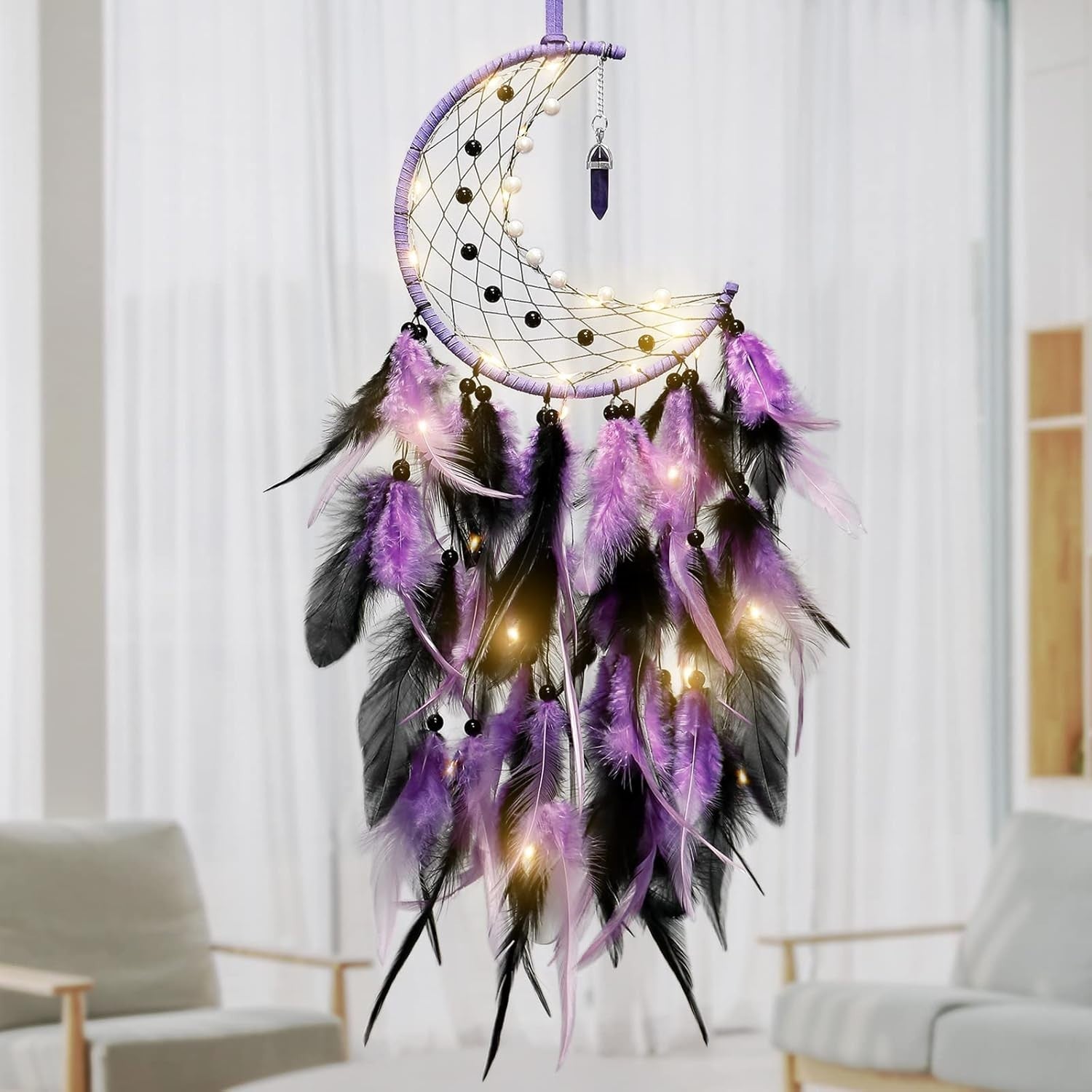 Boho Moon Dream Catcher Purple Black Feathers Fairy Lights Wall Decor