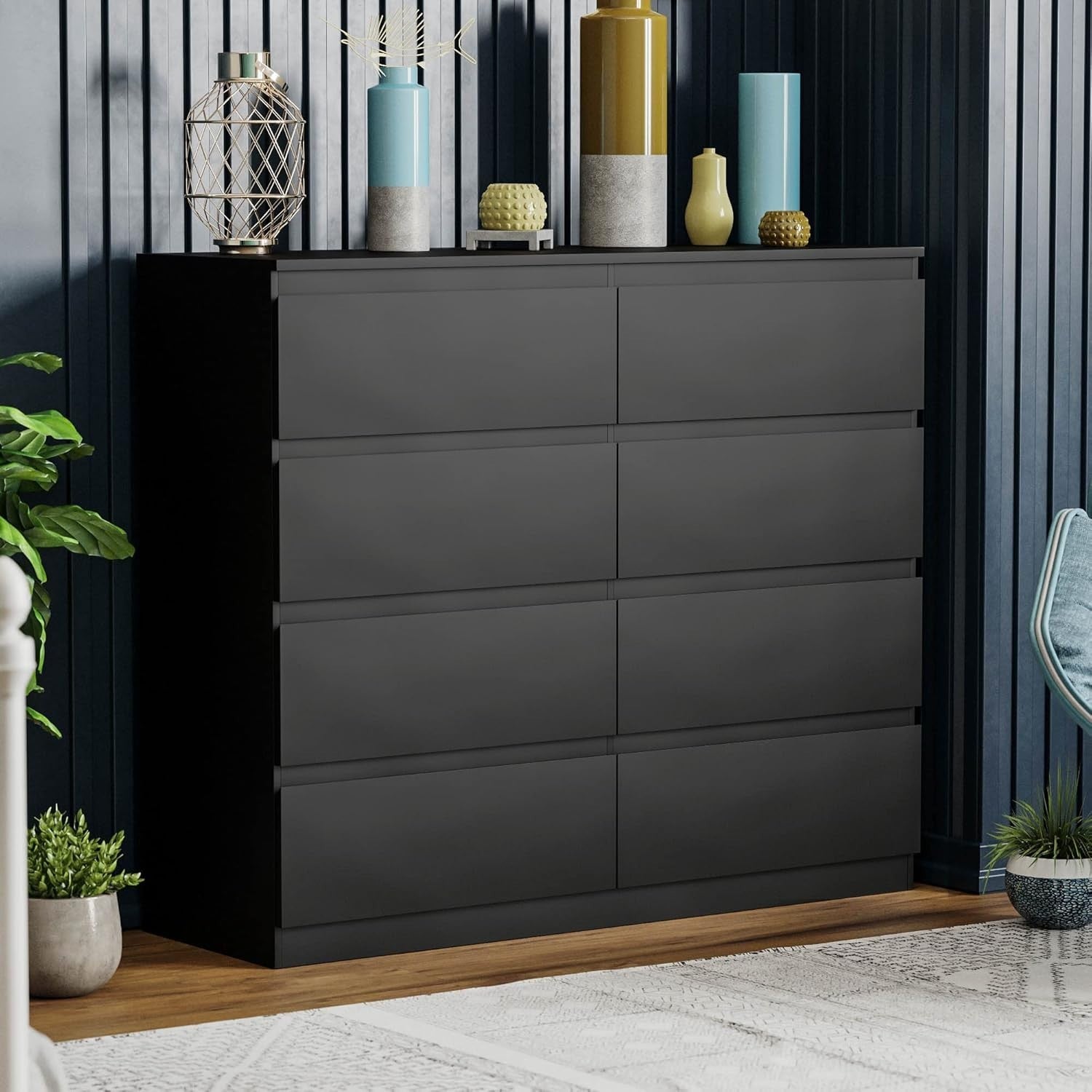 Black 8 Drawer Chest Storage Cabinet Wood Dresser Modern Bedroom Unit