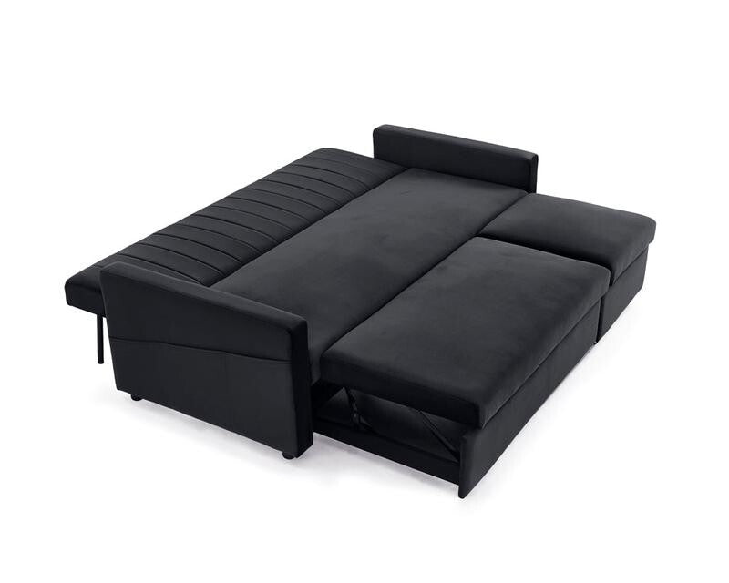 3 Seater Black Velvet Sofa Bed w/ Chaise Pull Out Storage & Cushions