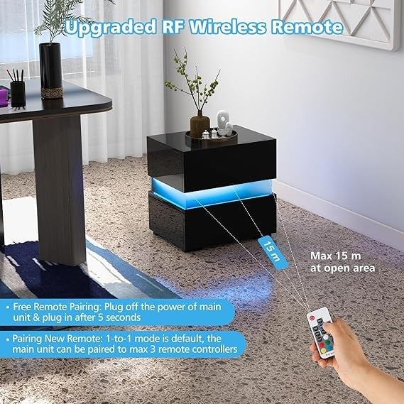 Modern LED Bedside Tables Set of 2 with Drawers & RGB Lights, High Gloss Black