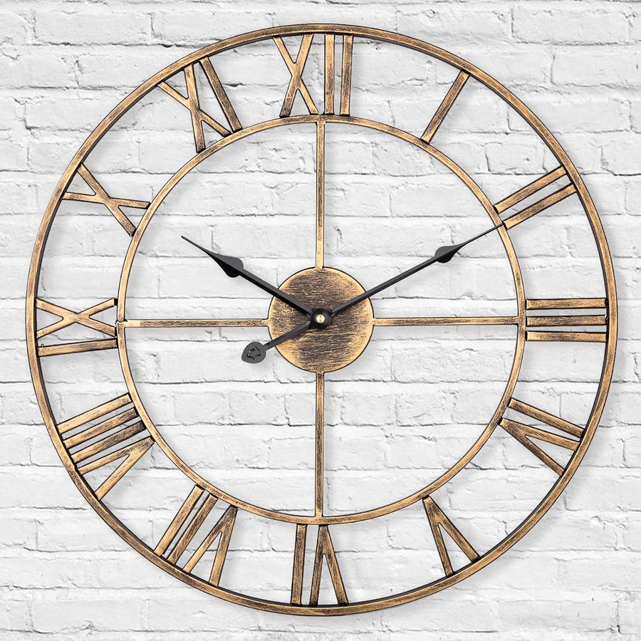 47cm Metal Skeleton Wall Clock Gold Roman Numeral Silent Vintage Decor