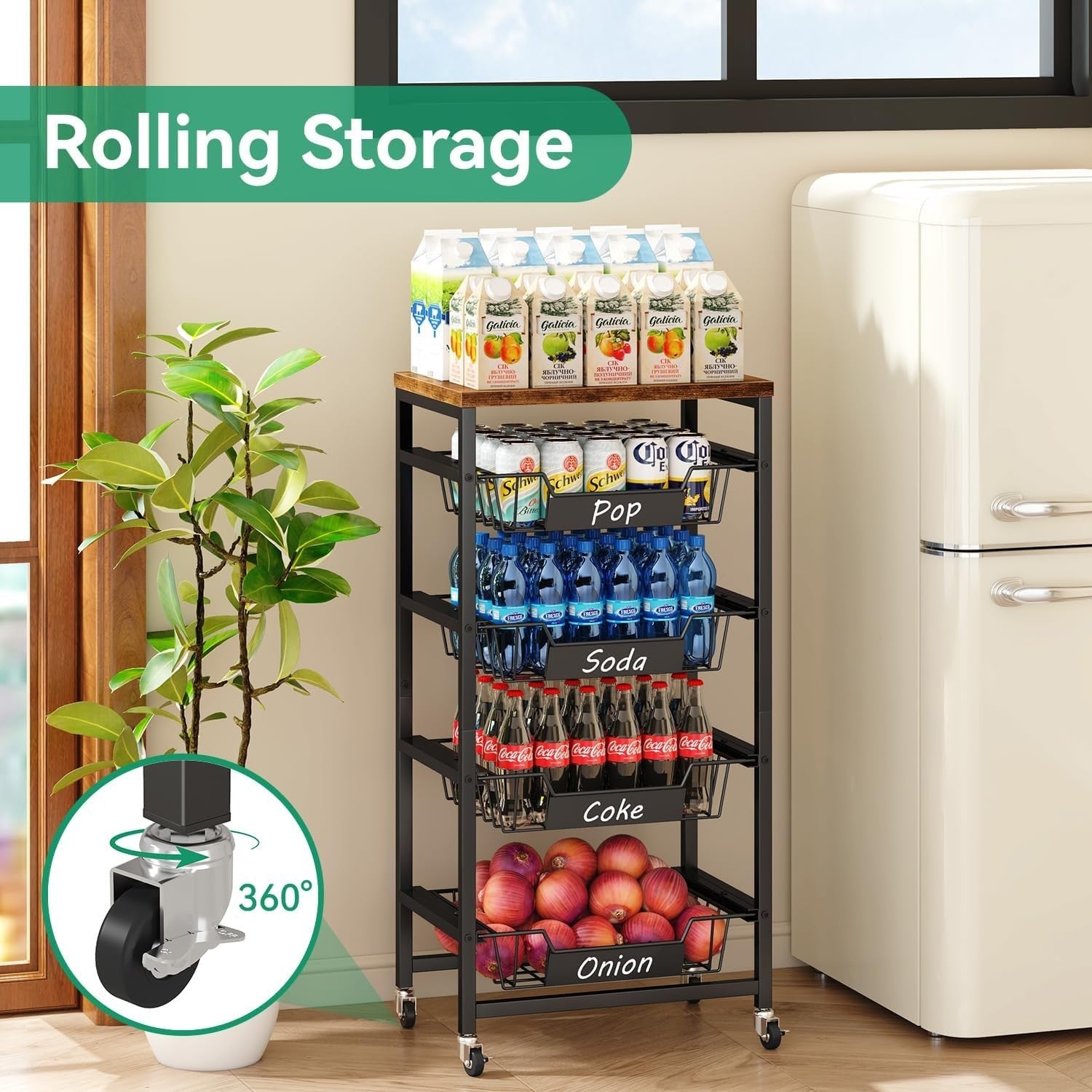 5 Tier Rolling Kitchen Storage Cart Fruit Basket Trolley Rustic Brown