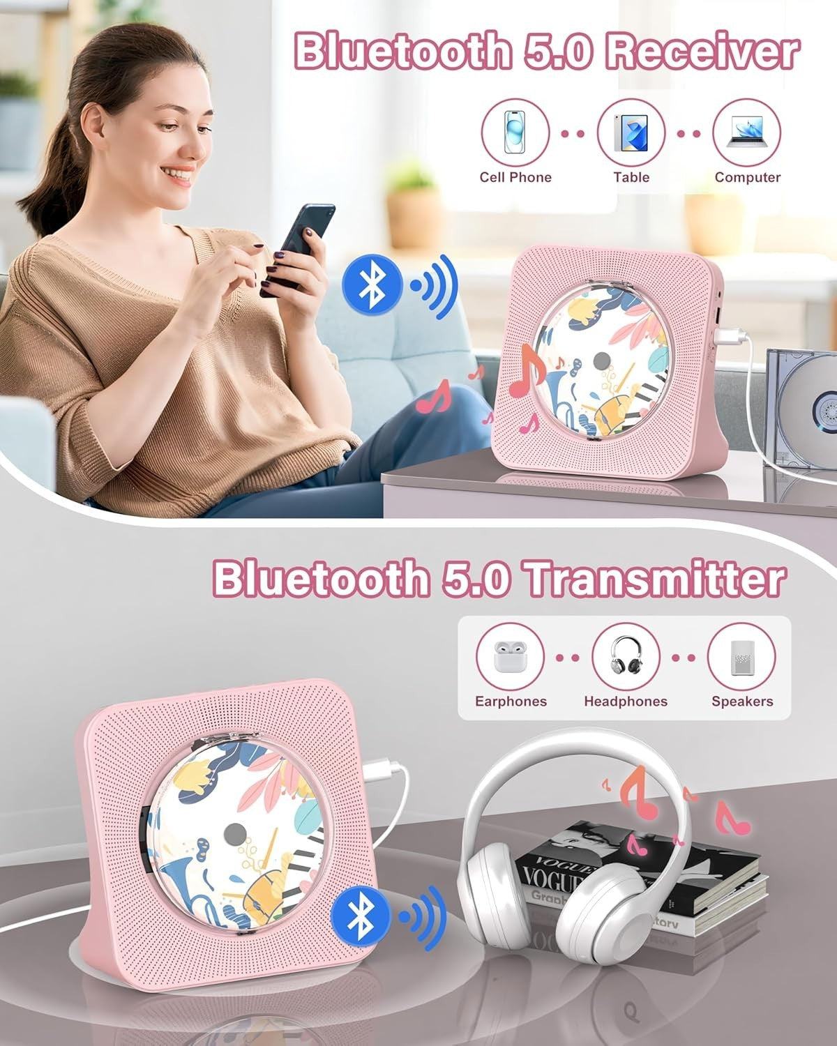 Bluetooth CD Player w Speakers FM Radio LCD Remote USB AUX Pink