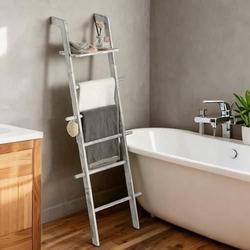 67in White Wood Blanket Ladder with Top Shelf Hooks 5-Tier Farmhouse Rack