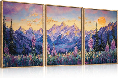Purple Sunset Mountain Framed Canvas Wall Art Set 3 Nature Landscape Decor
