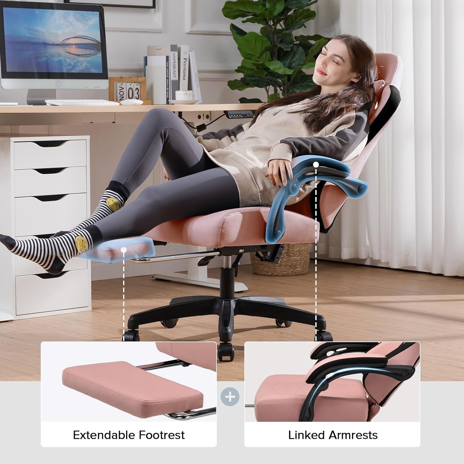 Fabric Gaming Chair with Footrest Ergonomic Reclining Desk Seat