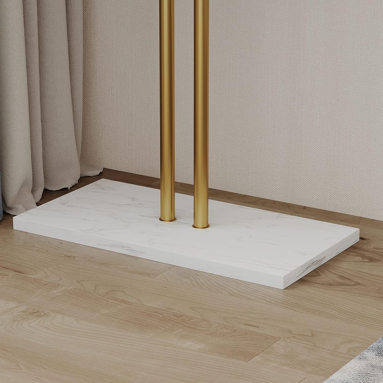 Gold Double Pole Coat Rack Freestanding with Marble Base 5 Hooks Modern