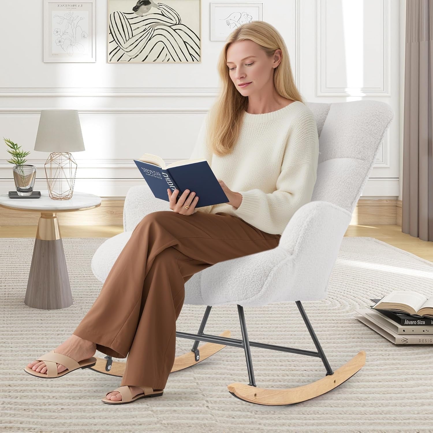 Teddy Rocking Chair for Nursery Glider Armchair Comfy Tufted Back White