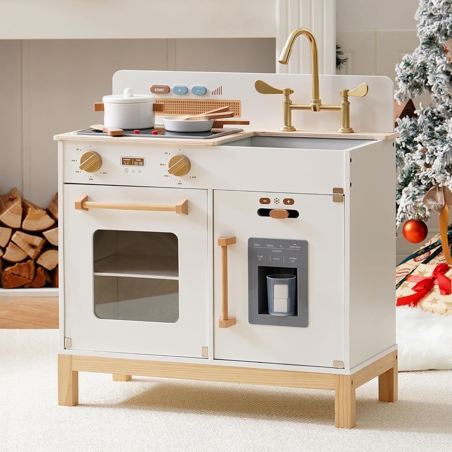 Wooden Kids Play Kitchen w/ Lights Sounds Ice Dispenser White