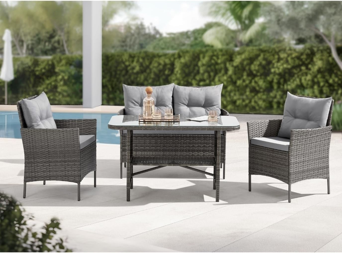 4 Seater Rattan Garden Furniture Set with Cushions & Glass Dining Table