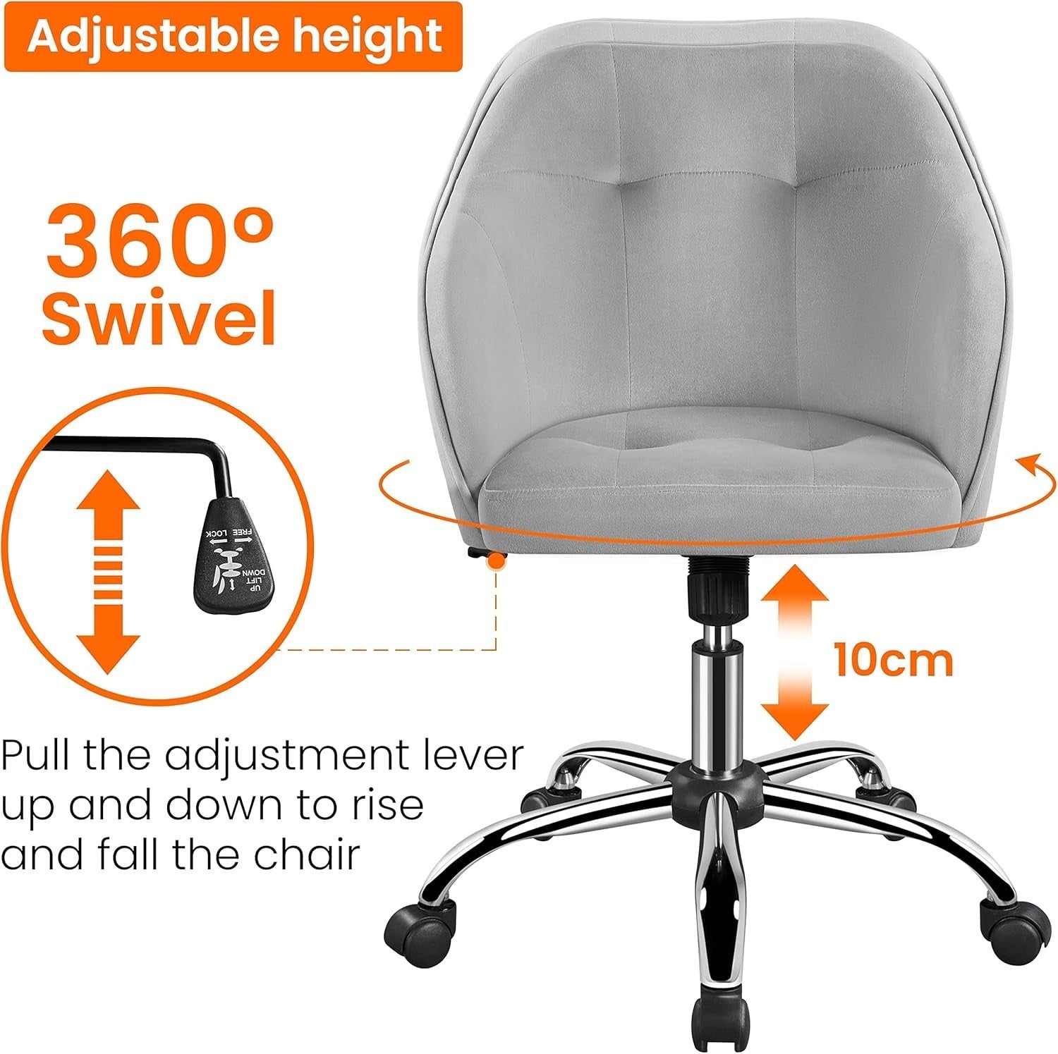 Ergonomic Velvet Office Chair Swivel Adjustable Height Armrest Light Gray