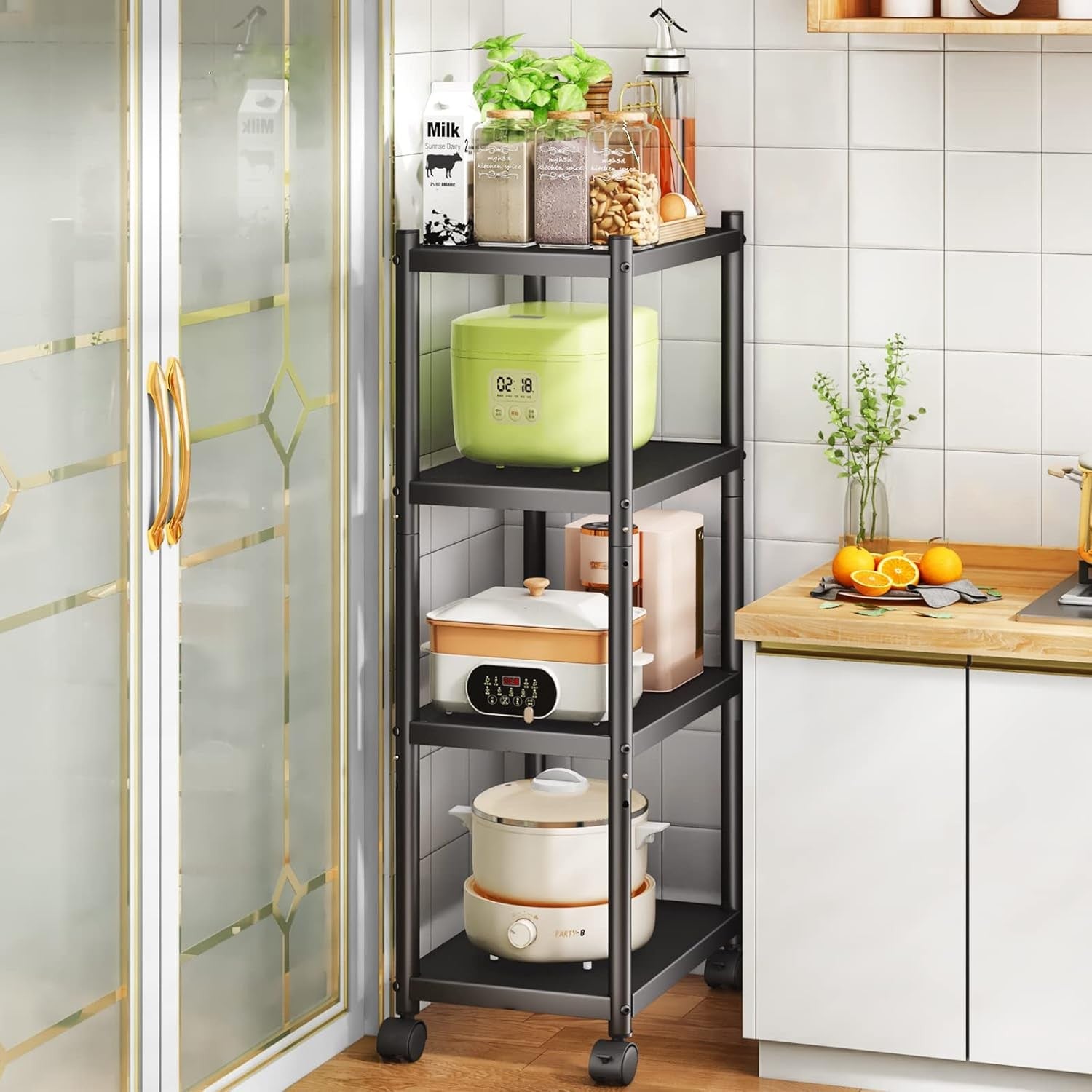 4 Tier Metal Storage Trolley on Wheels Narrow Shelving Unit Heavy Duty Rack
