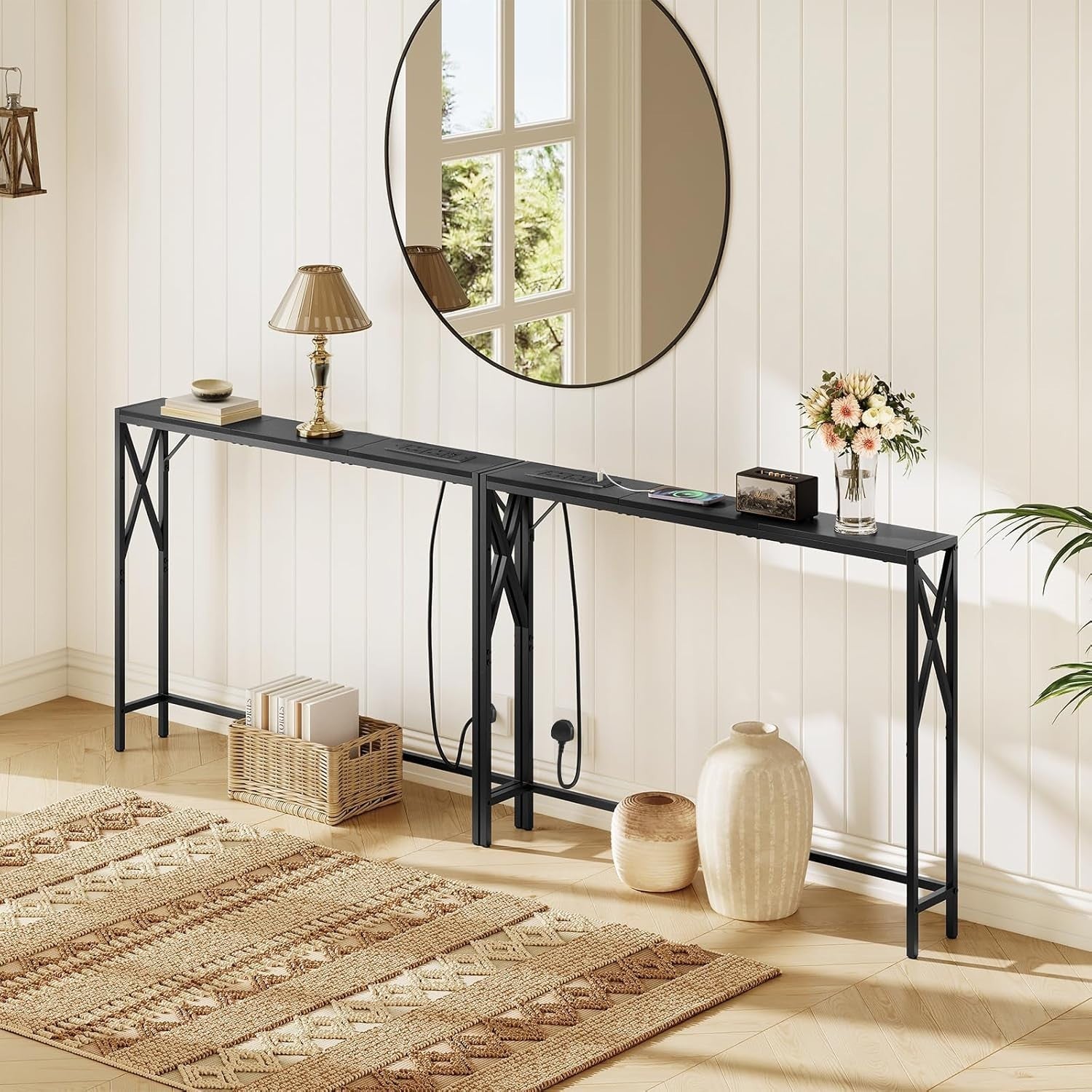 2x Slim Console Tables with USB Charging – 100cm Entryway or Sofa Table