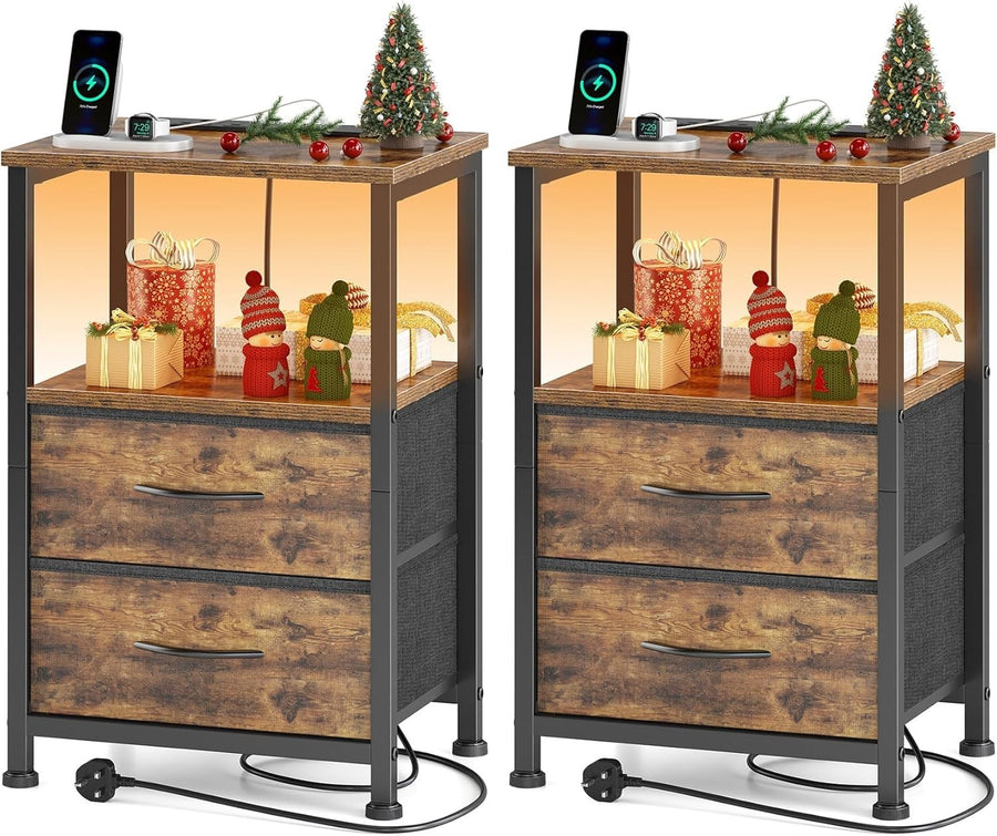 Set of 2 Rustic Industrial Bedside Tables with LED Lights & USB Charging Ports