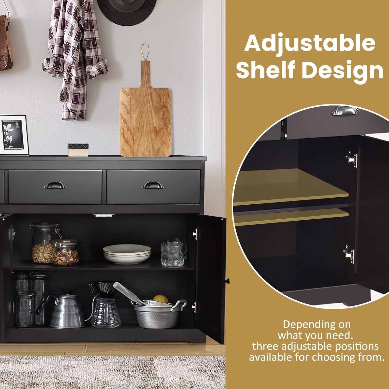 Dark Brown Large Sideboard Buffet Cabinet with 3 Drawers & Adjustable Shelves
