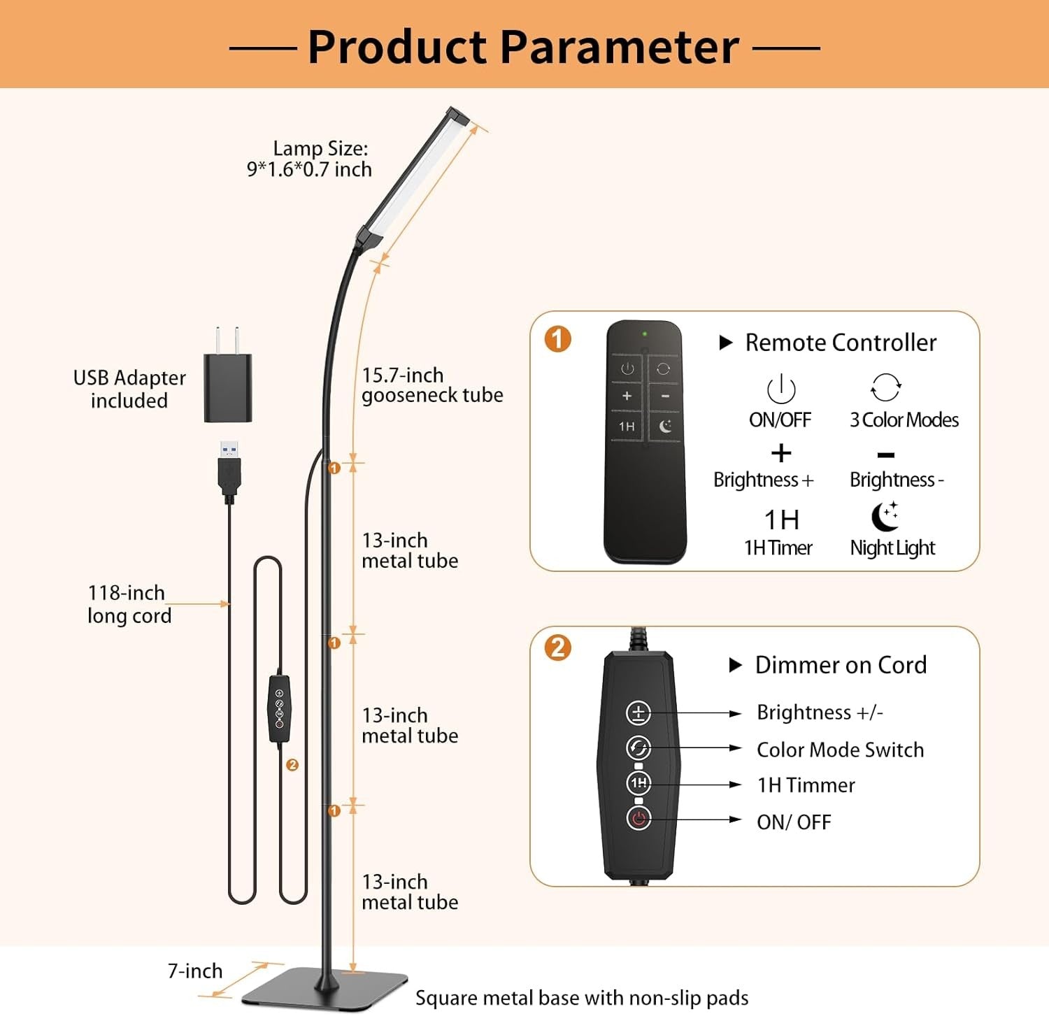 LED Floor Lamp Remote Control Dimmable 3 Colour Flexible Arm Reading Light