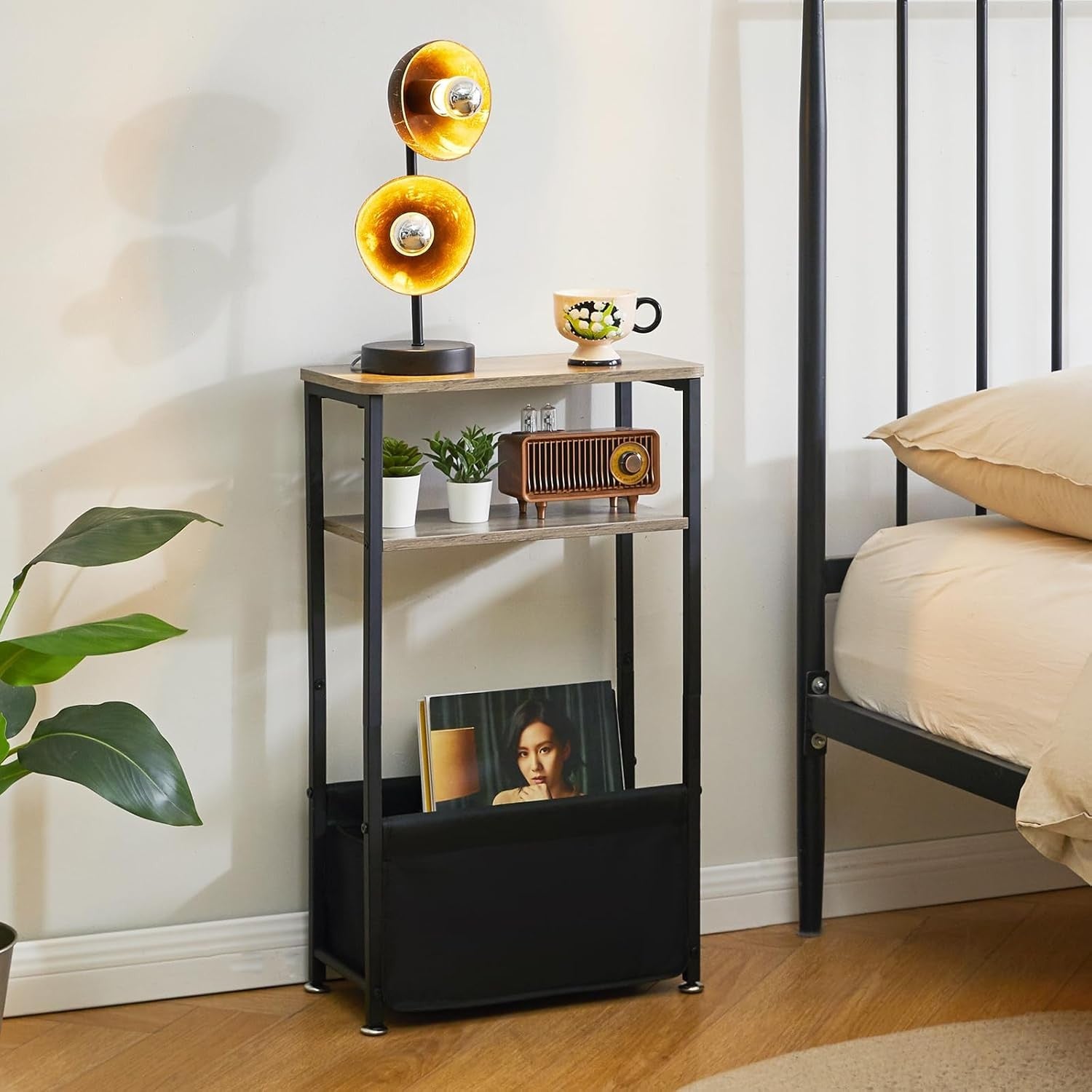 Slim 3-Tier Side Table with Storage Basket – Narrow Bedside/End Table for Small