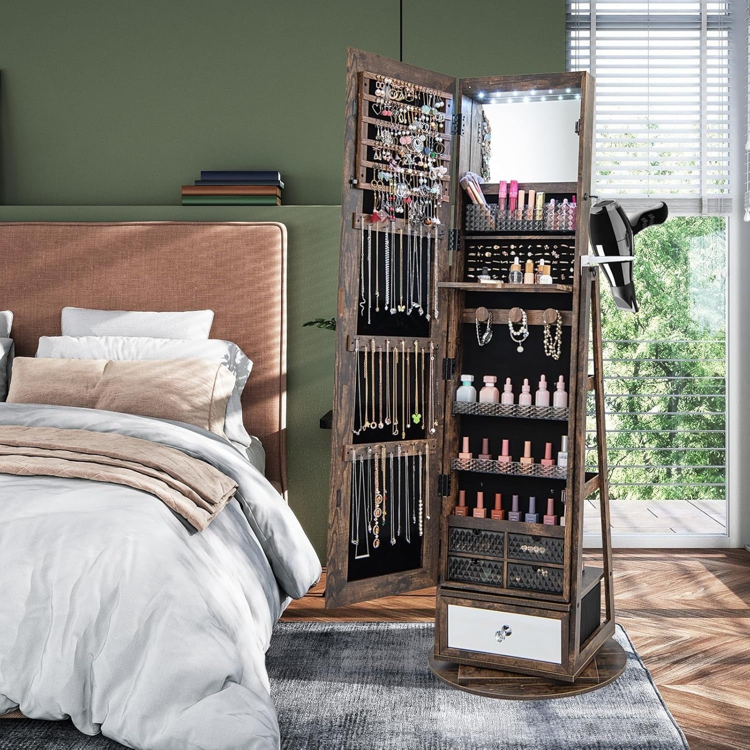 Rustic Brown 360° Swivel LED Jewelry Cabinet Mirror Lockable Storage Stand