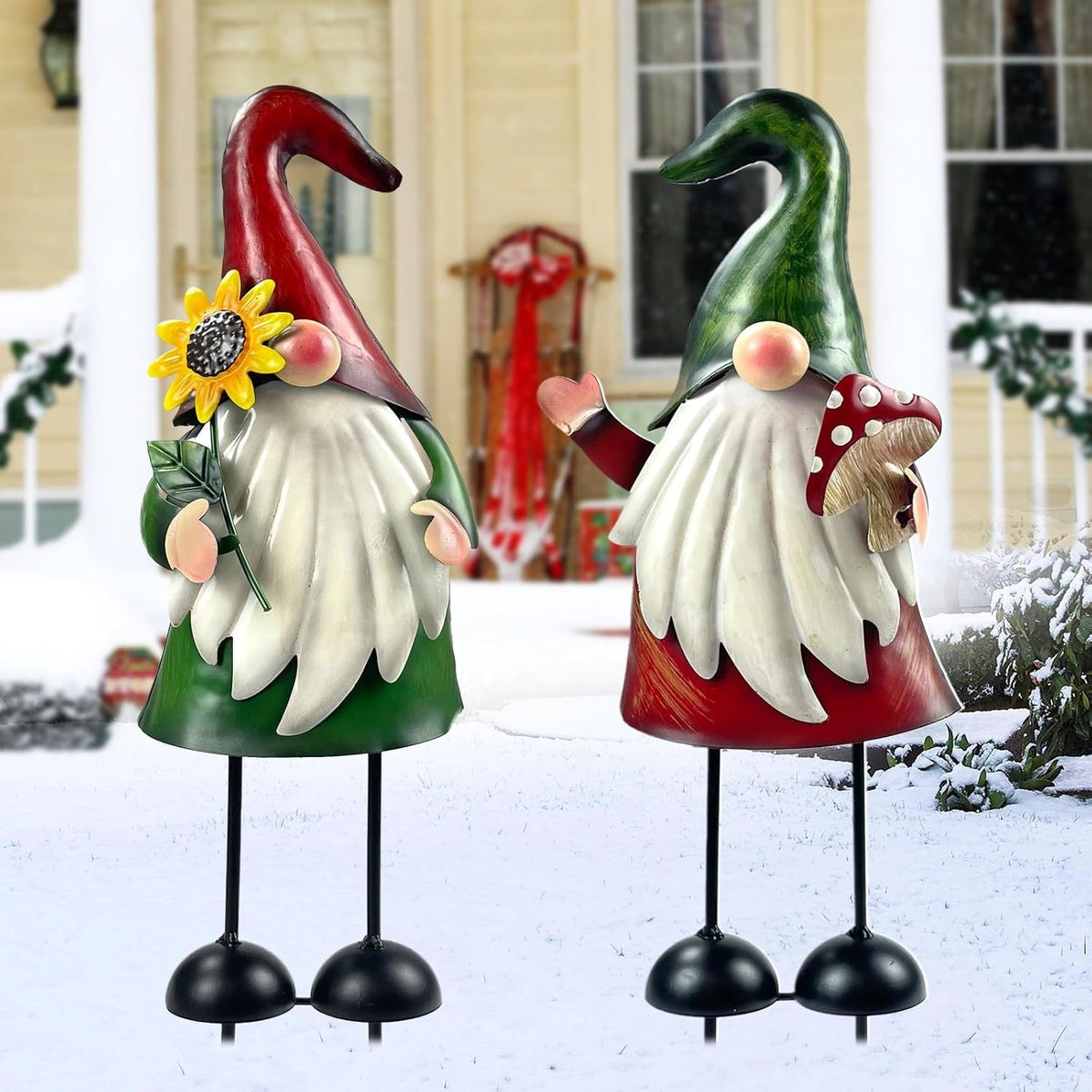 18" Metal Gnome Garden Ornaments Outdoor Xmas Decor Set of 2 Holiday Yard Statue