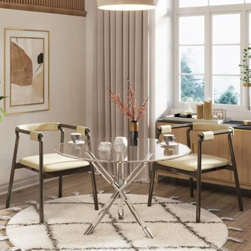 Round Glass Dining Table 100cm Silver Acrylic Legs Modern Kitchen Table