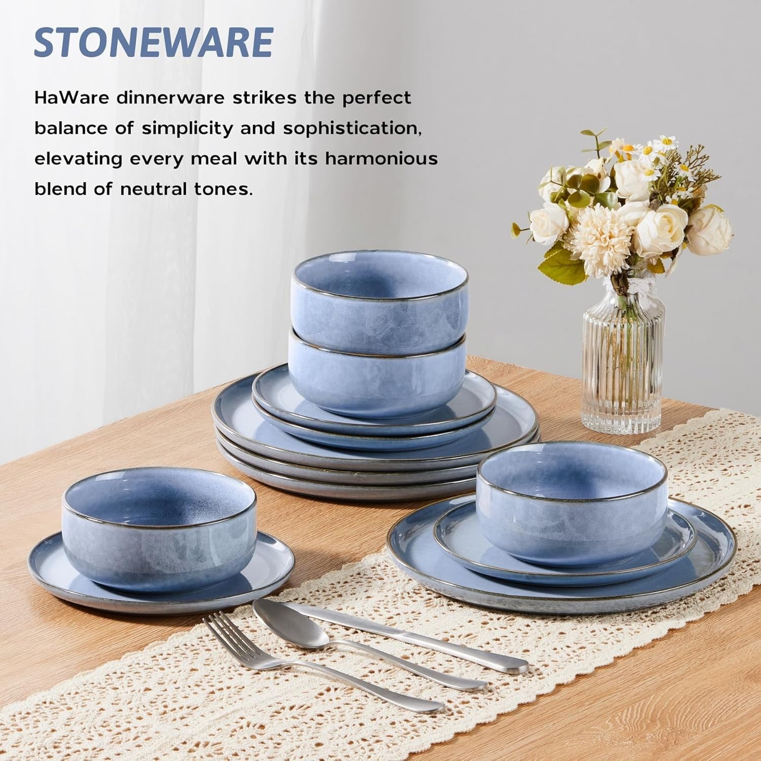 12pc Stoneware Dinner Set for 4 Blue Plates Bowls Microwave Safe
