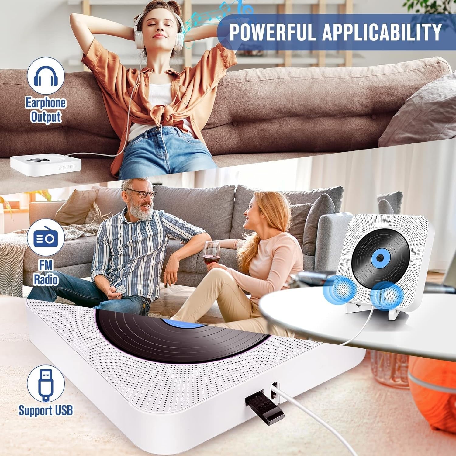 Wall Mount Bluetooth CD Player HiFi Speakers FM Radio USB AUX Remote