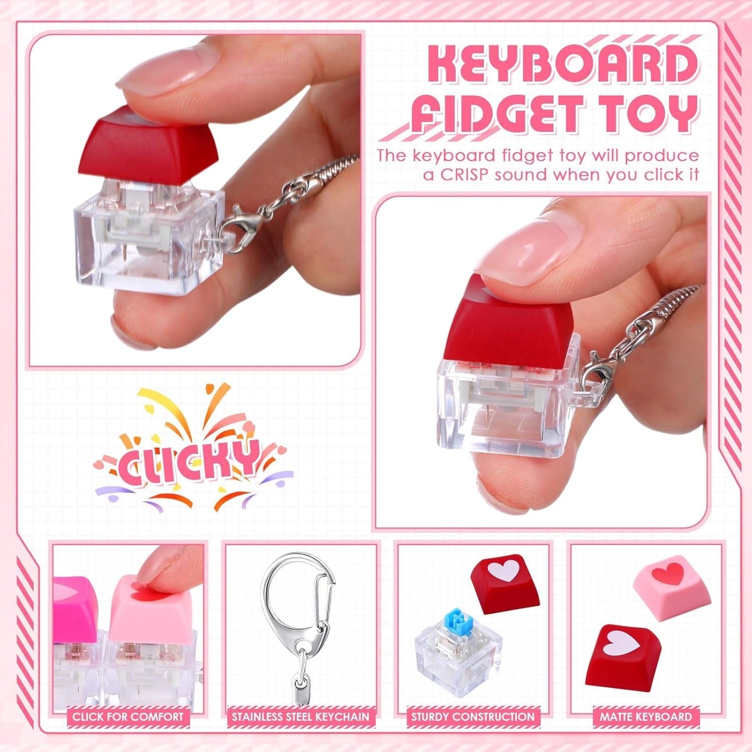 24pcs Heart Keyboard Clicker Fidget Keychain Stress Relief Valentine Gift