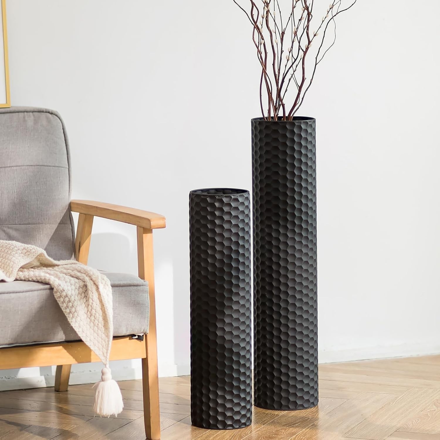 Large Floor Vase Set of 2 Black Metal Standing Vases Modern Home Decor