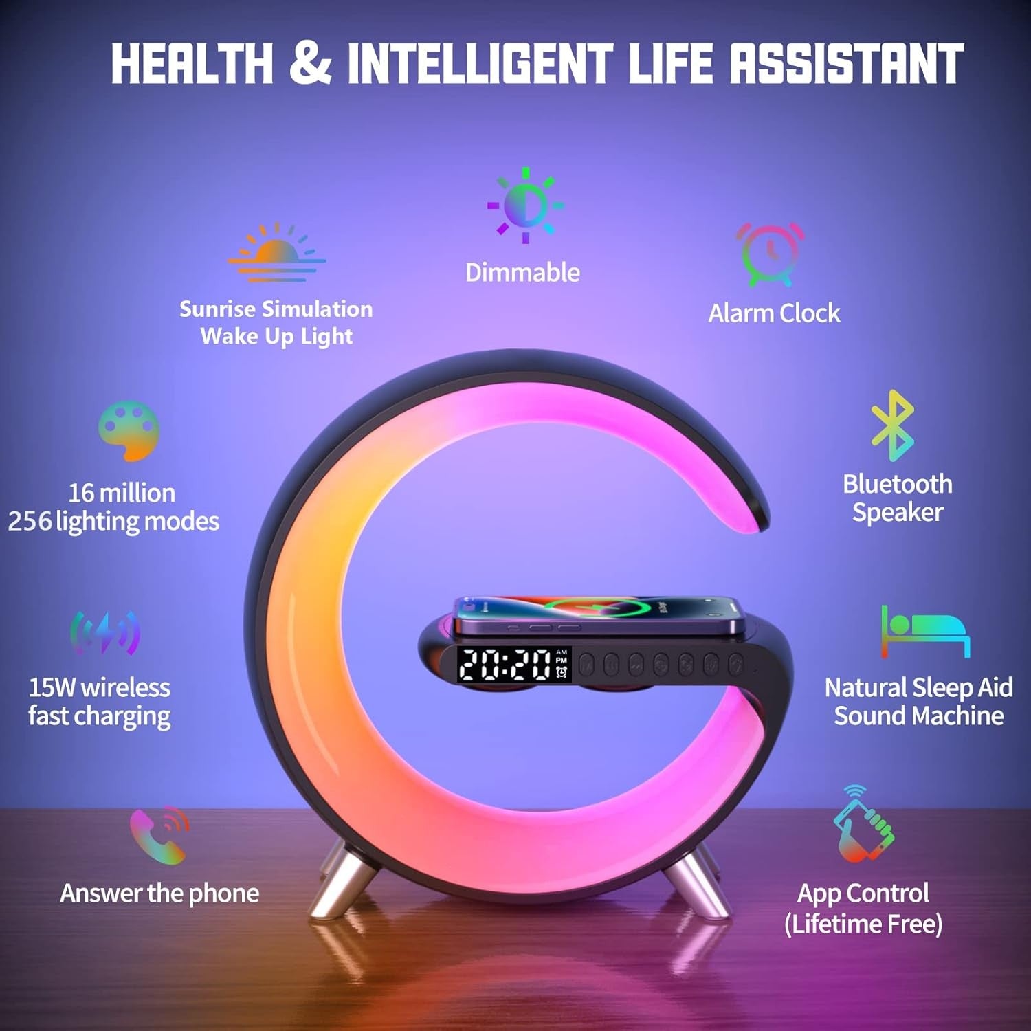 Smart LED Table Lamp Wireless Charger Bluetooth Speaker Alarm Clock