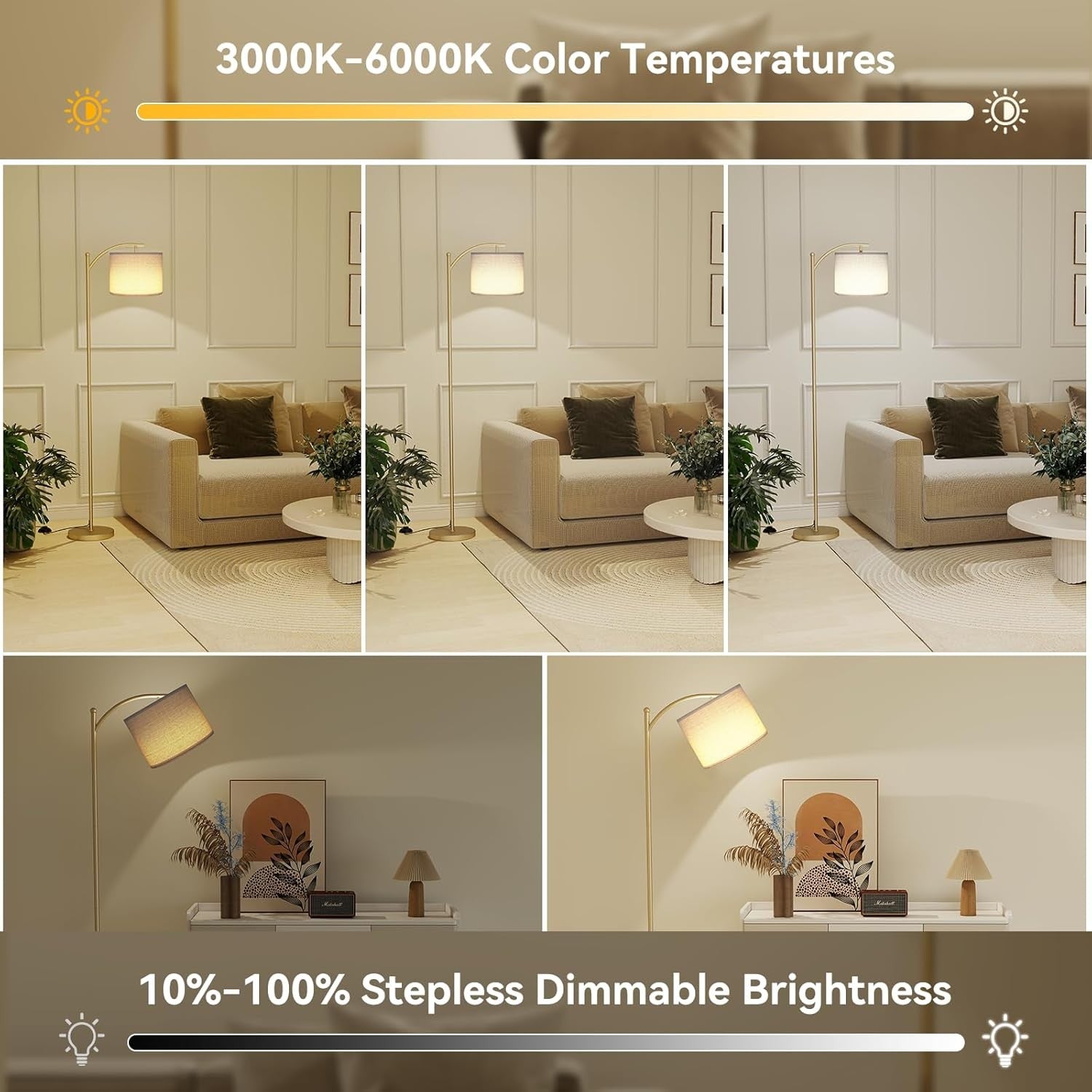 Gold LED Floor Lamp Remote Control Dimmable Adjustable Standing Reading Light